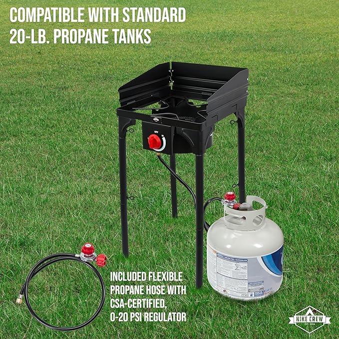Hike Crew Cast Iron 1-Burner Outdoor Gas Stove | 75,000 BTU Portable Propane-Powered Cooktop w/Blue Flame Control, Removable Legs, Temperature Setting Knobs | Wind Panel, Hose Regulator & Storage Bag