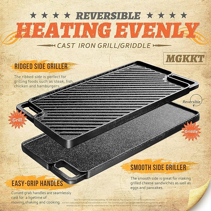 1-Piece 16.50 Inch Cast Iron Griddle Plate | Reversible Pre-Seasoned Cast Iron Grill Pan for Gas Stovetop | Double Sided Used on Open Fire & in Oven | Pre-Coated With Oil
