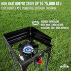 Hike Crew Cast Iron 1-Burner Outdoor Gas Stove | 75,000 BTU Portable Propane-Powered Cooktop w/Blue Flame Control, Removable Legs, Temperature Setting Knobs | Wind Panel, Hose Regulator & Storage Bag