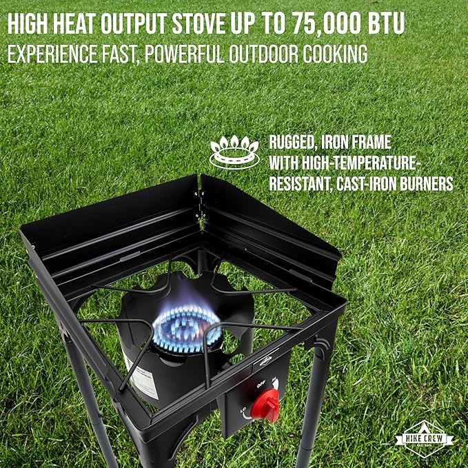 Hike Crew Cast Iron 1-Burner Outdoor Gas Stove | 75,000 BTU Portable Propane-Powered Cooktop w/Blue Flame Control, Removable Legs, Temperature Setting Knobs | Wind Panel, Hose Regulator & Storage Bag