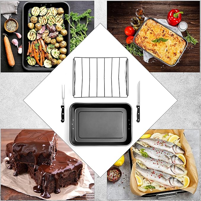 Moss & Stone Carbon Steel Roaster Pan With “V” Shape Removable Roasting Rack Set, 16.5 Inch Rectangular Nonstick Roasting Pan, Turkey Roaster Pan Rack With Carving Fork & Chef Knife