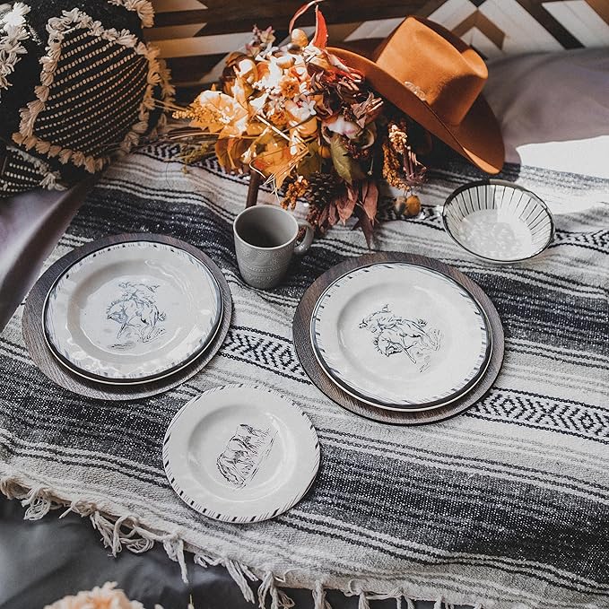 Paseo Road Ranch Life 14 Piece Melamine Plastic Dinnerware Set with Plates, Bowls and Serving Platter, Black and White, Southwestern Rustic Cabin Lodge Farmhouse Style