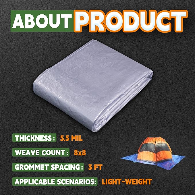 RAINDEWAY Tarps 7x7 Feet (2 Pack) - 5.5 Mil, Multipurpose Waterproof Poly Tarp Cover with Metal Grommets and Reinforced Edges, Silver/Blue Tarp