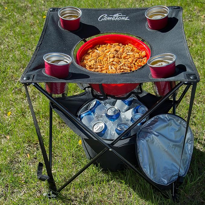 Camerons All-in-One Tailgating Table - Portable Folding Camping Table with Insulated Cooler, Food Basket, Cup Holders & Travel Bag - Collapsible Picnic Table for Outdoor BBQs, Beach & Camp Trips