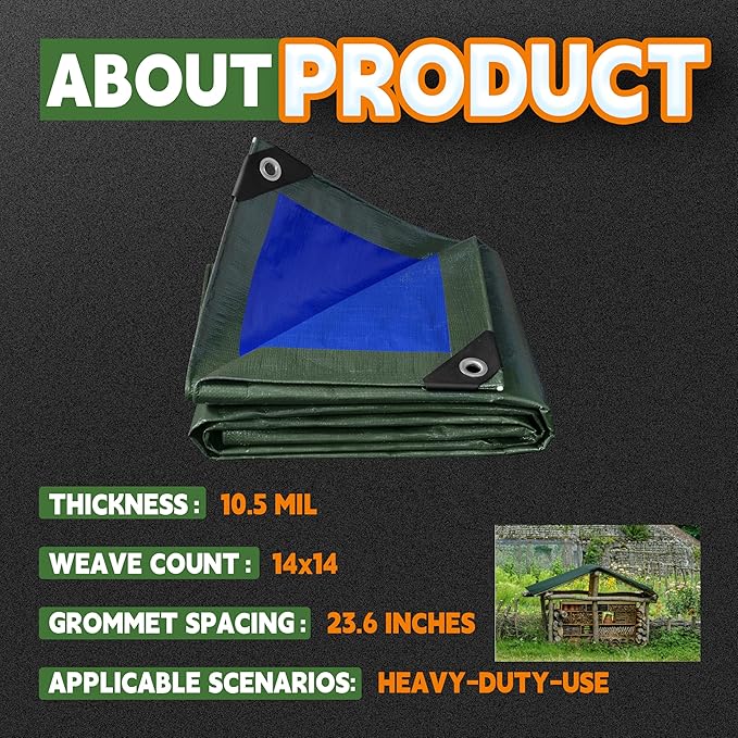 RAINDEWAY Tarps Heavy Duty Waterproof 8x10 Feet,10.5 Mil Waterproof Tarps for Outdoors,Multipurpose Poly Tarp Cover with Metal Grommets and Reinforced Edges,Green/Blue