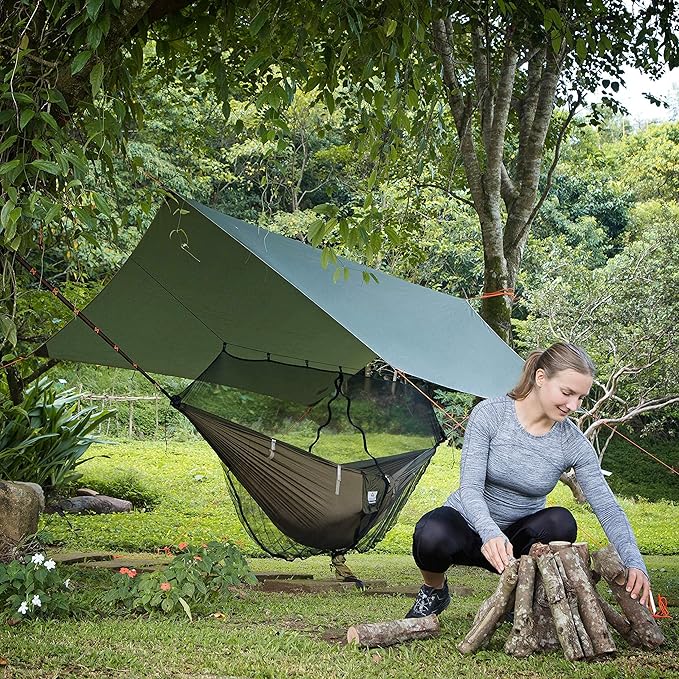 Premium Hammock with Rain Fly, Bug Net, Tree Straps, and Dry Bag - Complete Camping Hammock System with Mesh Bug Net - Outdoor Combo Kit with Rainfly Bundle for Backpacking…