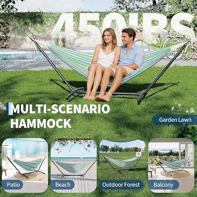 Double Hammocks with Stand for Outside, Portable Space Saving Heavy-Duty Steel Stand for Indoor Outdoor Patio with Carrying Bag, 450 lbs Capacity