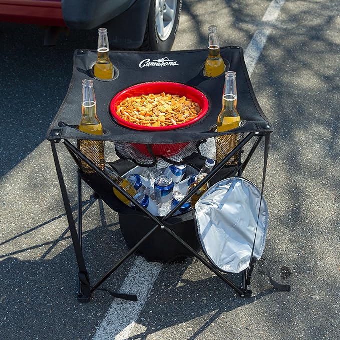 Camerons All-in-One Tailgating Table - Portable Folding Camping Table with Insulated Cooler, Food Basket, Cup Holders & Travel Bag - Collapsible Picnic Table for Outdoor BBQs, Beach & Camp Trips