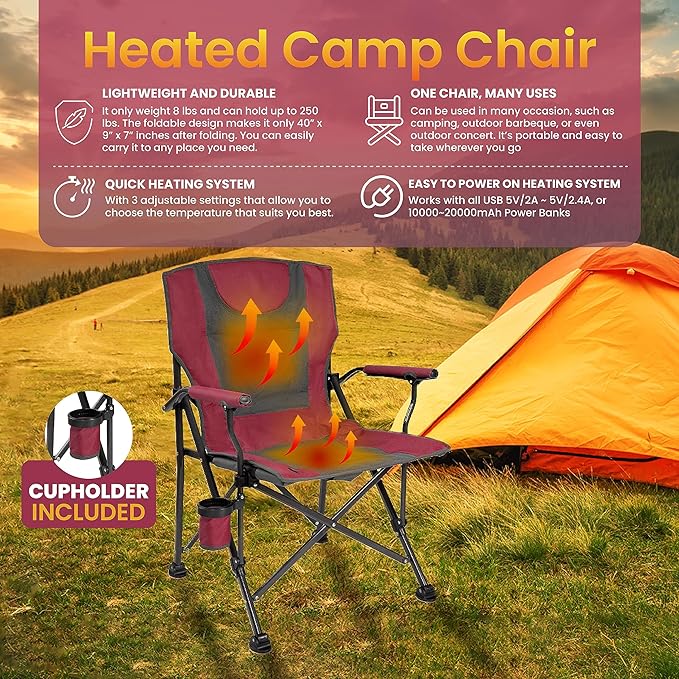 Backyard Expressions Heated Camp Chair with Cupholder – Portable Folding Camping Chair with 3 Heat Settings, USB Powered, Lightweight & Durable – Outdoor Heated Chair for Camping, Tailgating & Sports