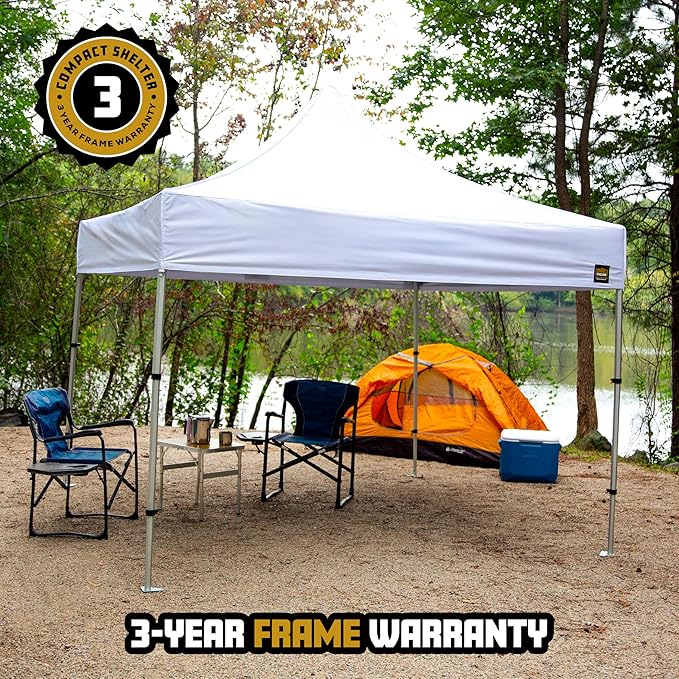 8x8 Heavy Duty Pop Up Canopy by Compact Shelter - Easy Setup, Commercial Grade Aluminum Frame, 42” Folded Frame Height, UPF 50+, Adjustable Portable Tent for Beach, Events, Camping, Roller Bag (White)