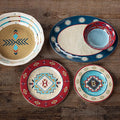 Paseo Road Spirit Valley 14 Piece Melamine Plastic Dinnerware Set with Plates, Bowls and Serving Platter, Southwestern Rustic Cabin Lodge Aztec Style