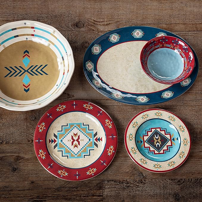 Paseo Road Spirit Valley 14 Piece Melamine Plastic Dinnerware Set with Plates, Bowls and Serving Platter, Southwestern Rustic Cabin Lodge Aztec Style