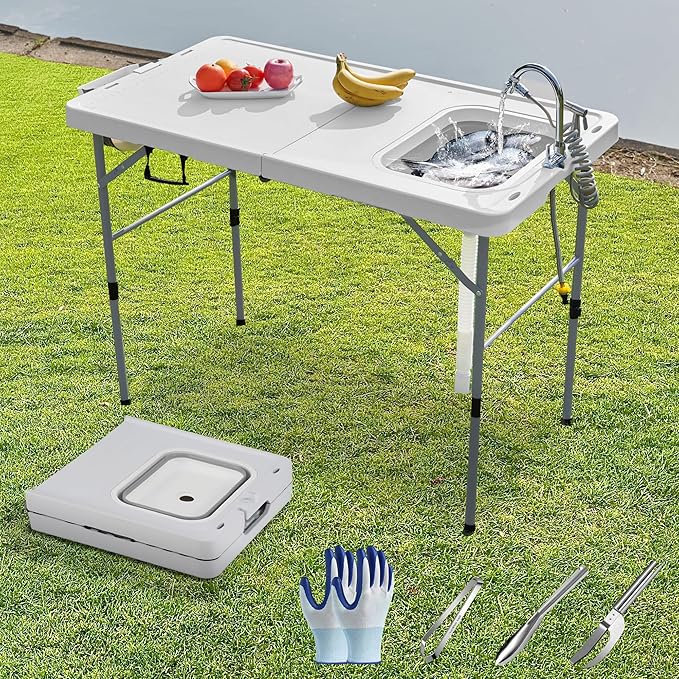 Spurgehom 50" Portable Fish Cleaning Table with Sink&Collapsible Wash Basin, Folding Camping Table with Faucet, Sprayer, Gloves, Trash Can, Storage Bag, Foldable Picnic Table for Picnic Beach Patio