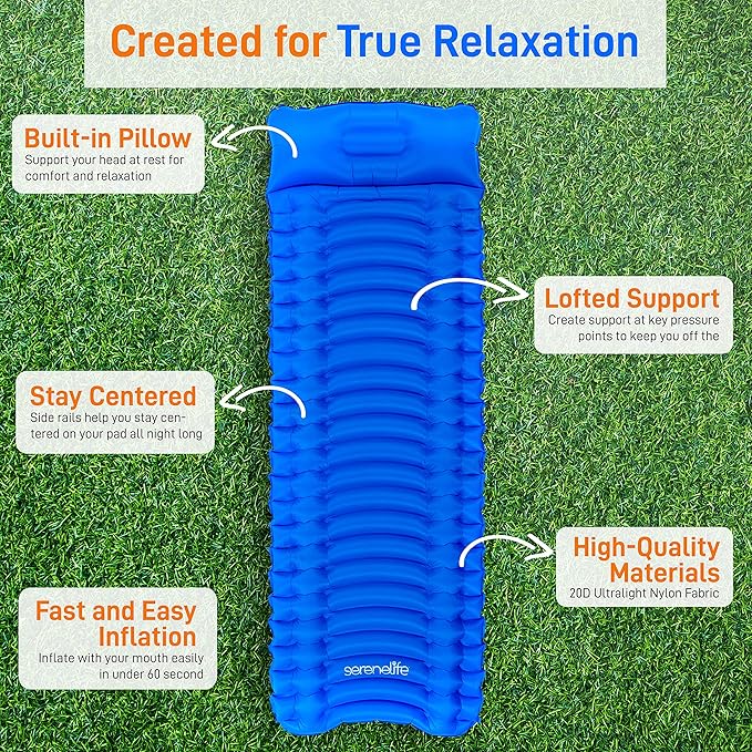 SereneLife Backpacking Air Mattress Sleeping Pad - Waterproof Lightweight Sleep Pad Inflatable Camping Sleeping Mat w/Carrying Bag - for Camping, Backpacking, Hiking