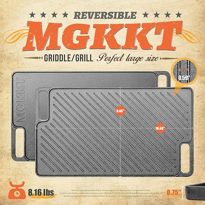 1-Piece 16.50 Inch Cast Iron Griddle Plate | Reversible Pre-Seasoned Cast Iron Grill Pan for Gas Stovetop | Double Sided Used on Open Fire & in Oven | Pre-Coated With Oil