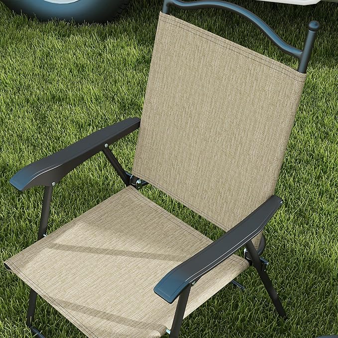 Outsunny Folding Patio Chairs, Set of 4 Sports Chairs for Adults, Camping Chairs with Armrests, Breathable Mesh Fabric Seat for Lawn, Beige