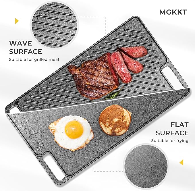 1-Piece 16.50 Inch Cast Iron Griddle Plate | Reversible Pre-Seasoned Cast Iron Grill Pan for Gas Stovetop | Double Sided Used on Open Fire & in Oven | Pre-Coated With Oil