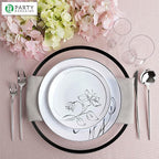 PARTY BARGAINS 13-Inch Charger Plates - 4 Pack, Clear Black Rim, Heavy-Duty Disposable Chargers for Elegant Dining - Ideal for Weddings and Formal Events