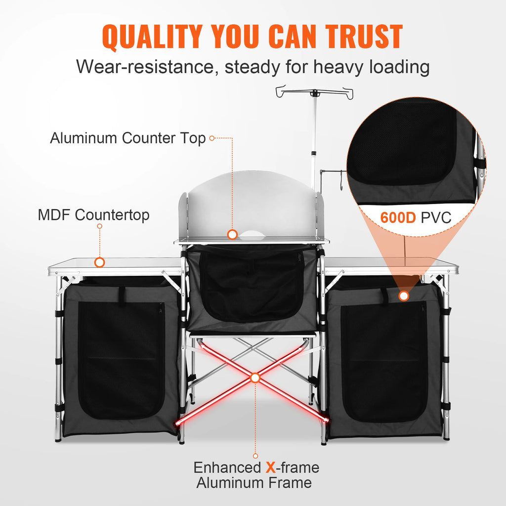 SucceBuy Camping Kitchen Table Cabinet Folding Cooking Storage Rack X-Shaped Aluminum Alloy Bracket for BBQ Picnic Garden Table
