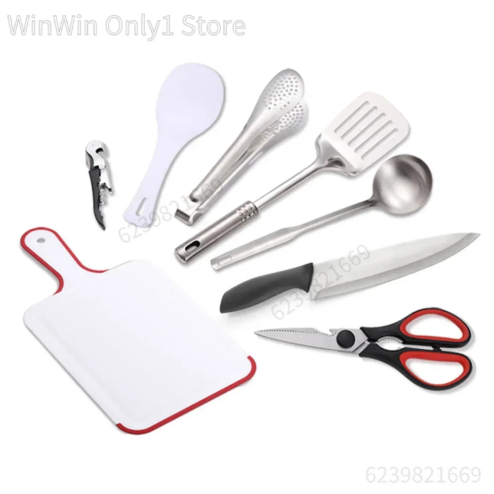 Portable Travel Utensils Set 9pcs Stainless Steel Camping Kitchen Cookware Set Kitchenware for Backpacking BBQ Camping Picnic