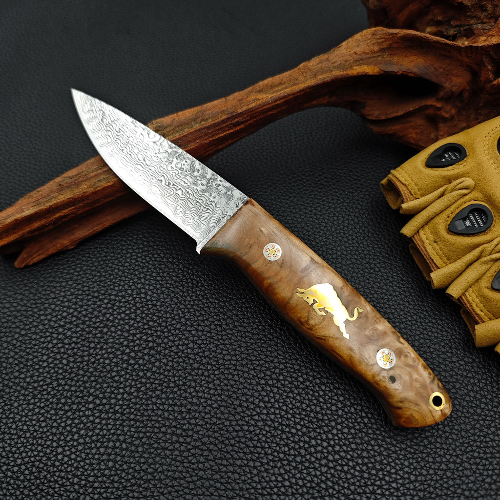 Damascus Steel Outdoor Camping Kitchen Utility Knife Hunting knife for cutting meat Fixed blade knife with stable wooden handle