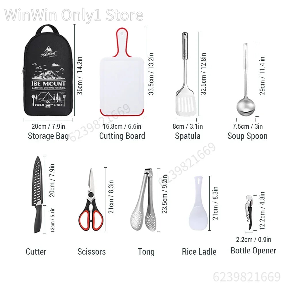 Portable Travel Utensils Set 9pcs Stainless Steel Camping Kitchen Cookware Set Kitchenware for Backpacking BBQ Camping Picnic