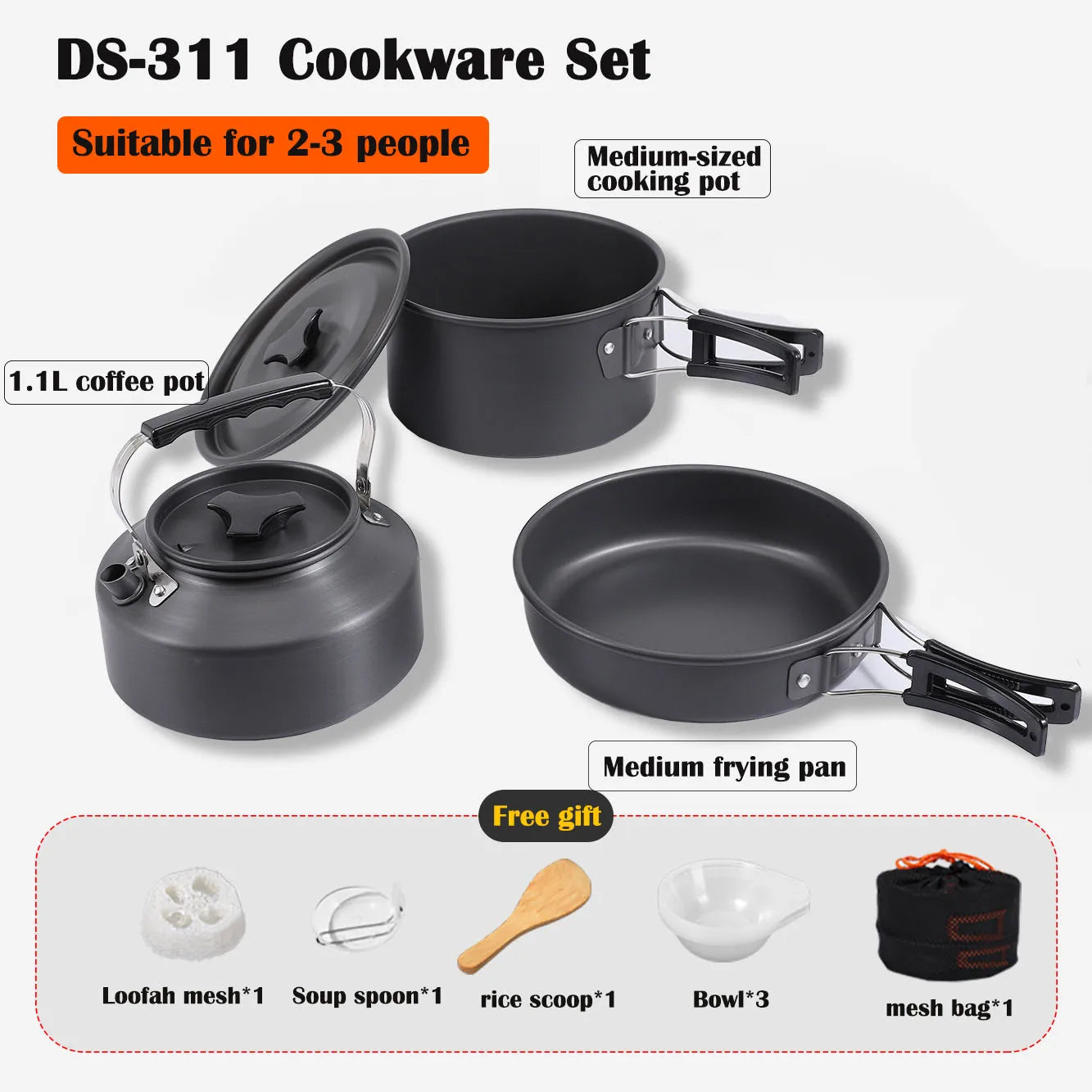 Aluminum Outdoor Camping Cookware Set, With Mesh Bag Folding Cookset Camping Kitchen Cooking Teapot and Pans Equipment