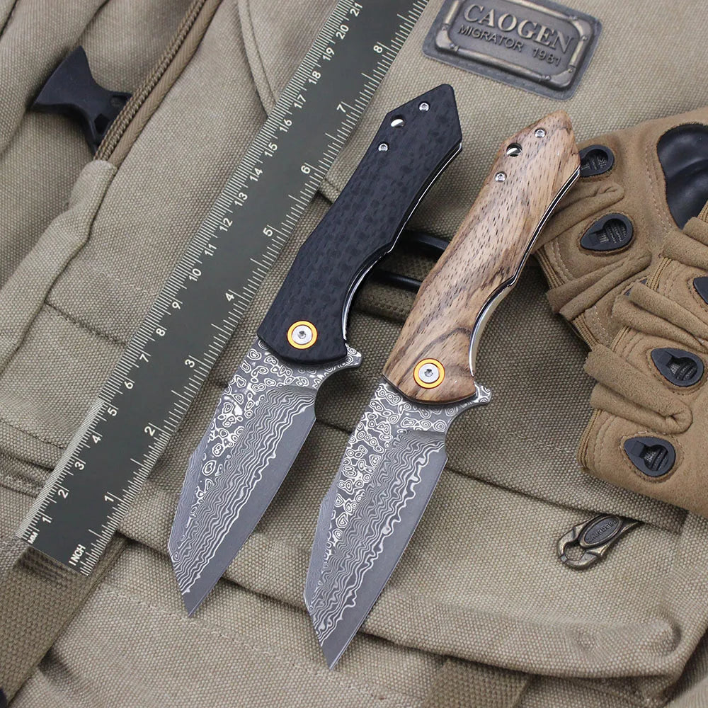 Damascus Pattern Folding Knife Wood Handle Portable Outdoor Self-defense Pocket knife High Hardness EDC Camping Kitchen Knives