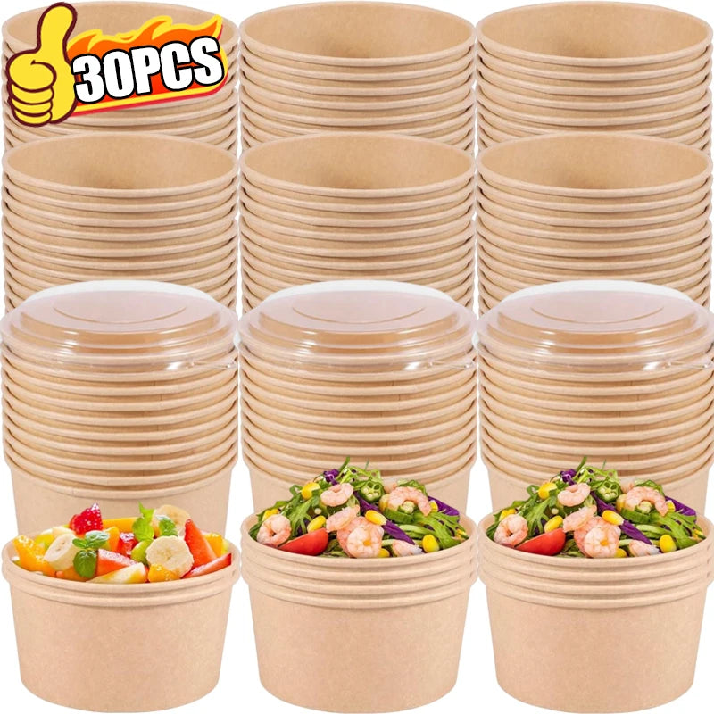 30/10PCS Disposable Lunch Box Kraft Paper Bowl Take Away Food Container with Lid Birthday Party Camping Kitchen Meal Bento Boxes