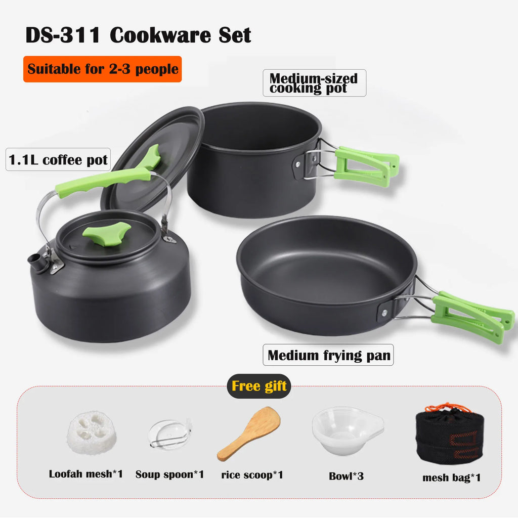 Aluminum Outdoor Camping Cookware Set, With Mesh Bag Folding Cookset Camping Kitchen Cooking Teapot and Pans Equipment