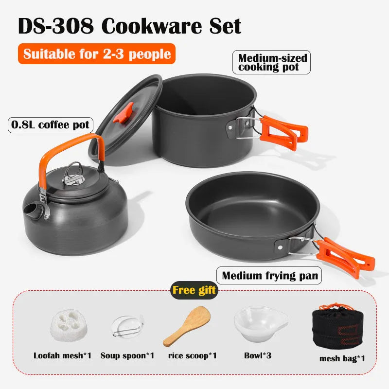 Aluminum Outdoor Camping Cookware Set, With Mesh Bag Folding Cookset Camping Kitchen Cooking Teapot and Pans Equipment