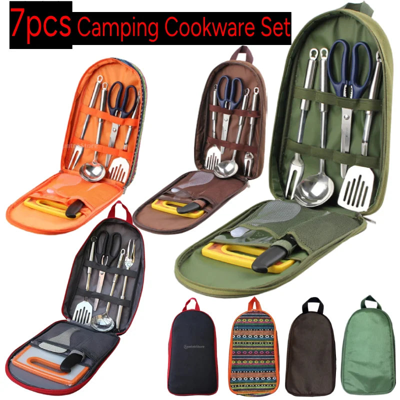 7pcs Camping Kitchen Utensil Set with Carrying Bag BBQ Beach Hiking Travel Organizer Storage Pack Cook Gadgets Equipment Gear