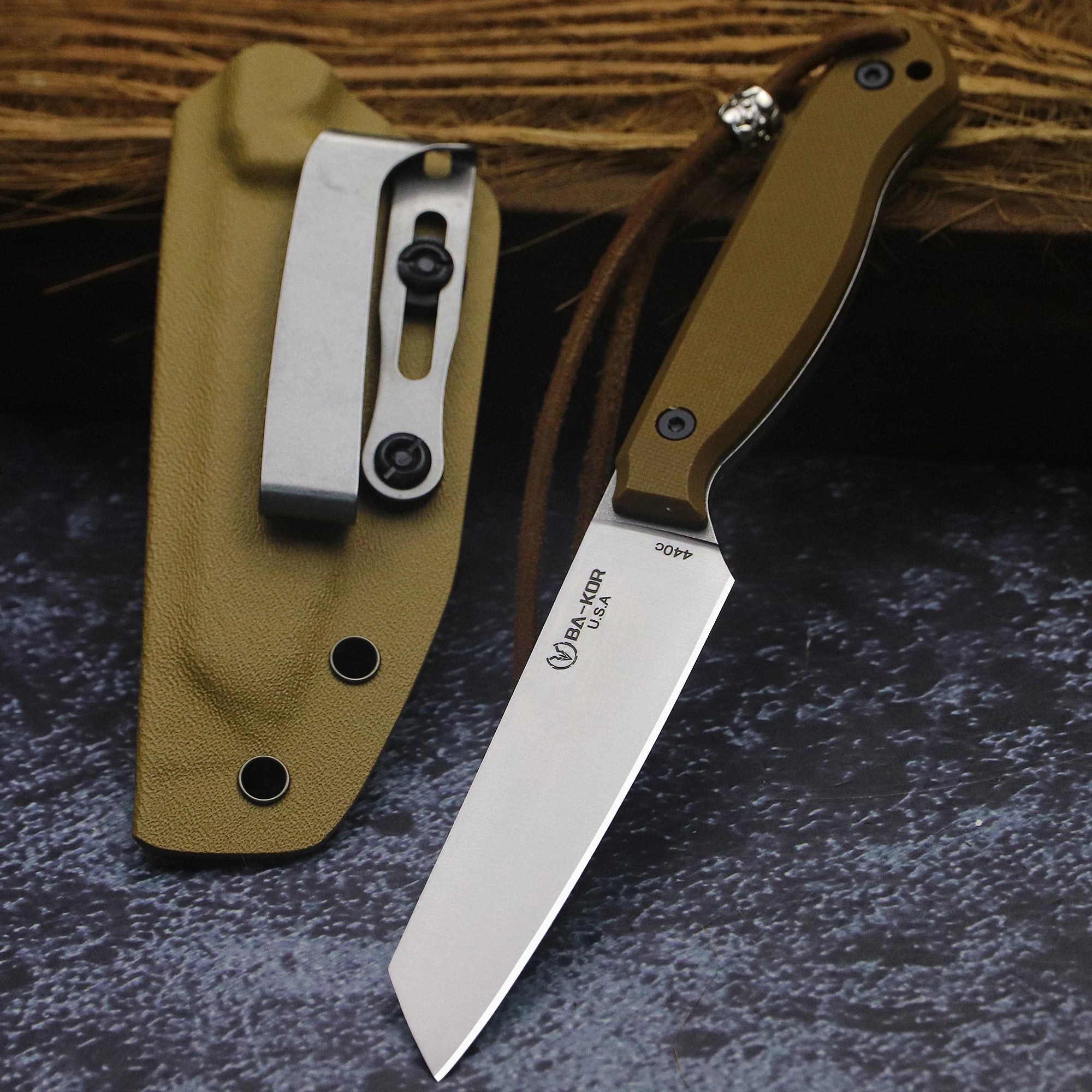 BA-KOR USA 440C steel G10 handle all-Tang outdoor camping kitchen knife + K sheath, fruit knife, hunting knife, camping knife