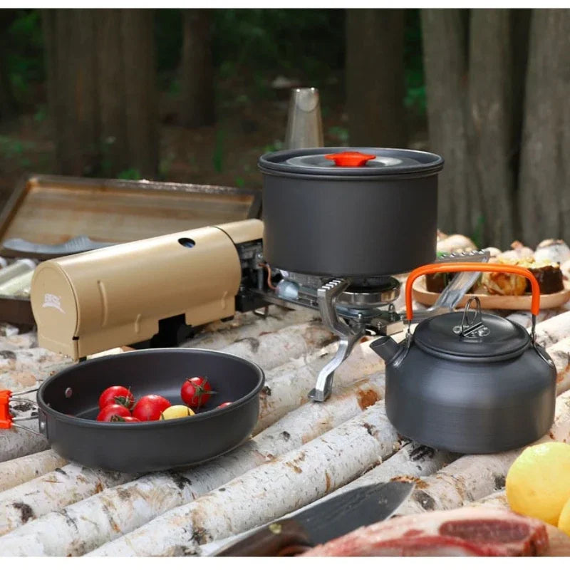 Aluminum Outdoor Camping Cookware Set, With Mesh Bag Folding Cookset Camping Kitchen Cooking Teapot and Pans Equipment