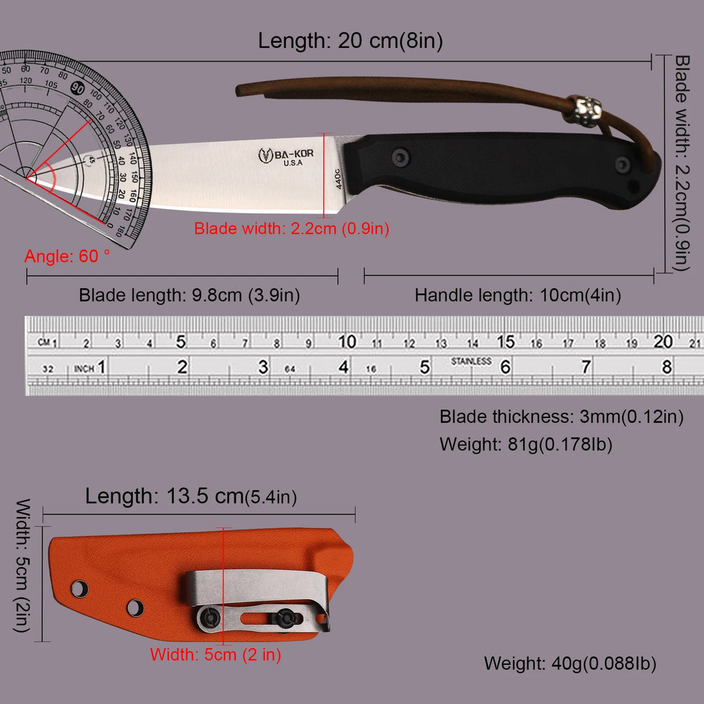 BA-KOR USA 440C steel G10 handle all-Tang outdoor camping kitchen knife + K sheath, fruit knife, hunting knife, camping knife