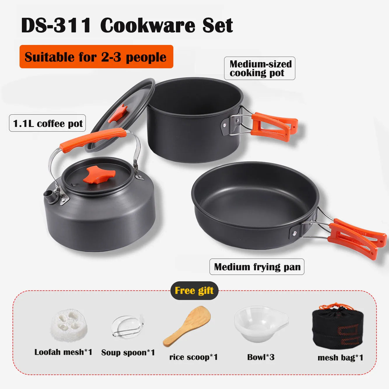 Aluminum Outdoor Camping Cookware Set, With Mesh Bag Folding Cookset Camping Kitchen Cooking Teapot and Pans Equipment