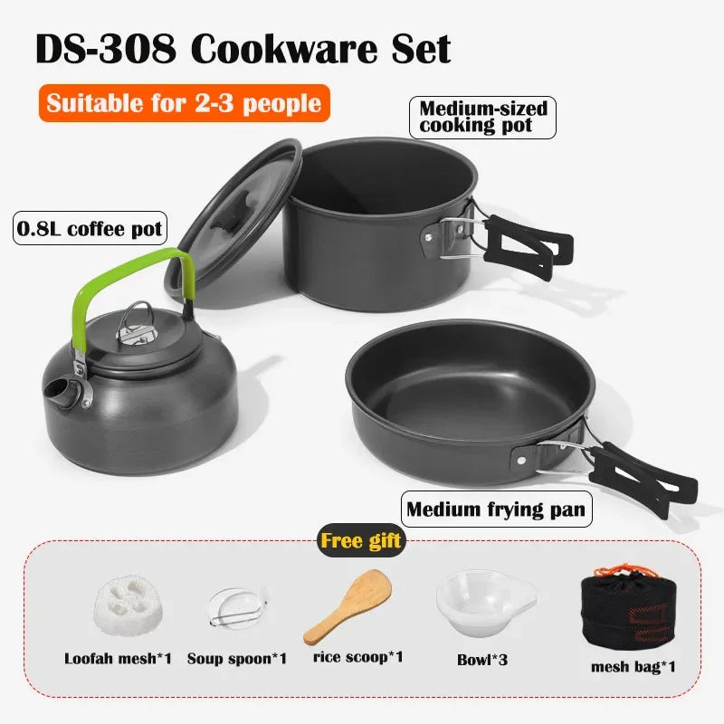 Aluminum Outdoor Camping Cookware Set, With Mesh Bag Folding Cookset Camping Kitchen Cooking Teapot and Pans Equipment