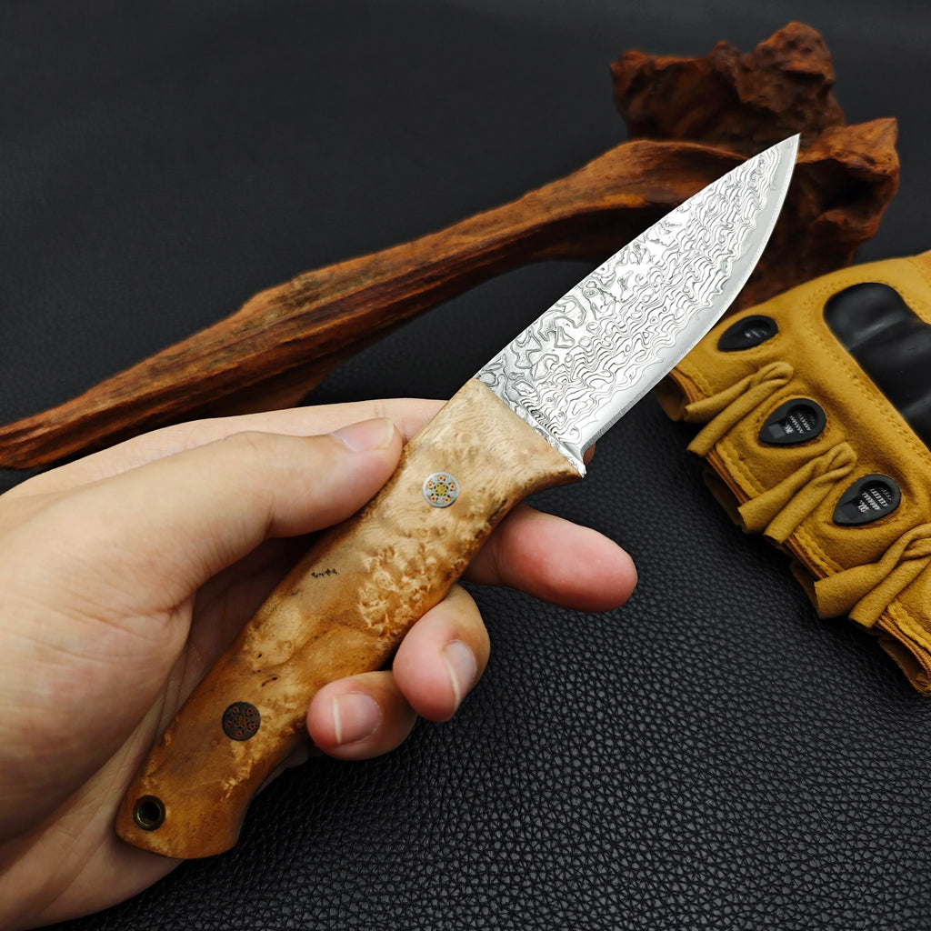 Damascus Steel Outdoor Camping Kitchen Utility Knife Hunting knife for cutting meat Fixed blade knife with stable wooden handle