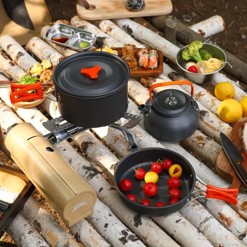 Aluminum Outdoor Camping Cookware Set, With Mesh Bag Folding Cookset Camping Kitchen Cooking Teapot and Pans Equipment
