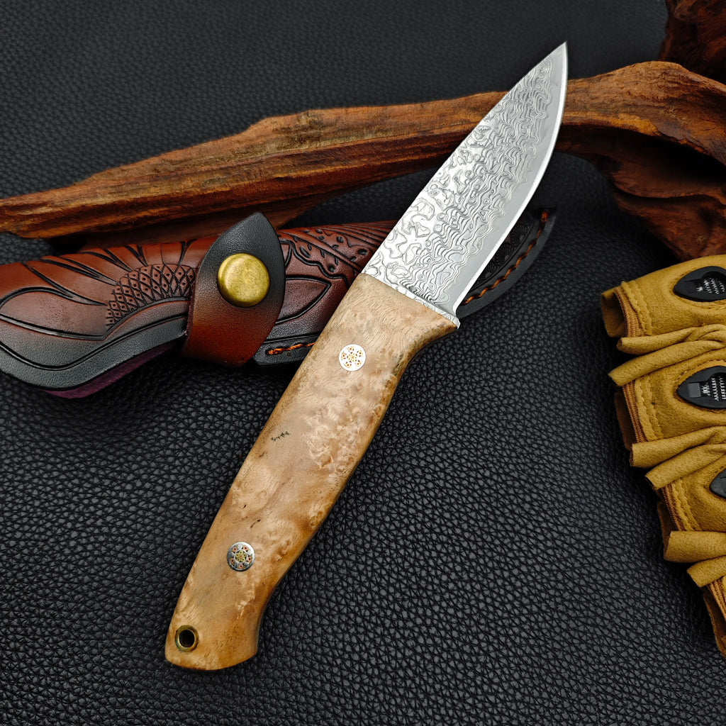 Damascus Steel Outdoor Camping Kitchen Utility Knife Hunting knife for cutting meat Fixed blade knife with stable wooden handle