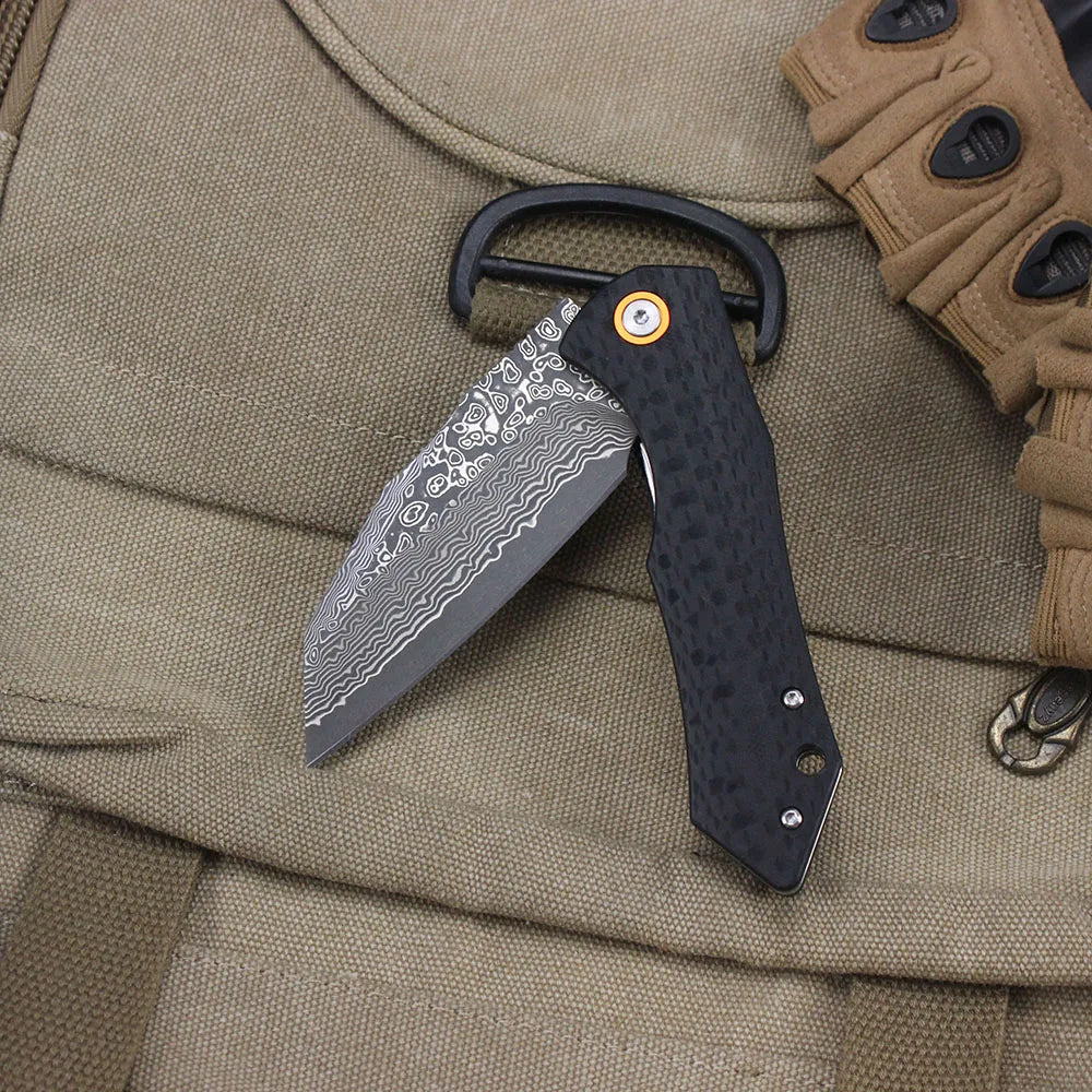 Damascus Pattern Folding Knife Wood Handle Portable Outdoor Self-defense Pocket knife High Hardness EDC Camping Kitchen Knives