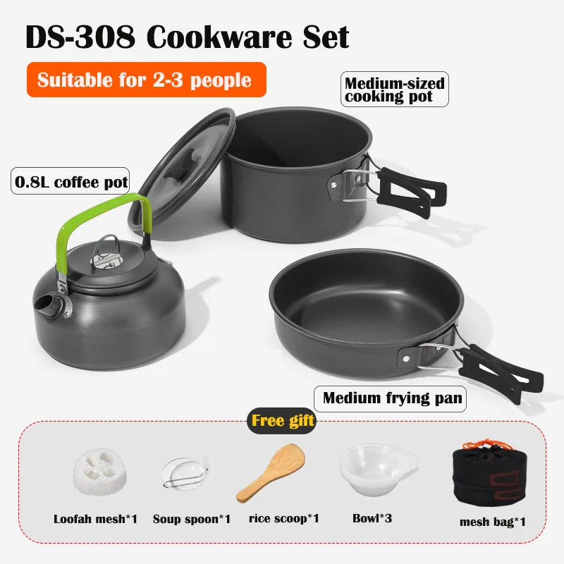 Aluminum Outdoor Camping Cookware Set, With Mesh Bag Folding Cookset Camping Kitchen Cooking Teapot and Pans Equipment