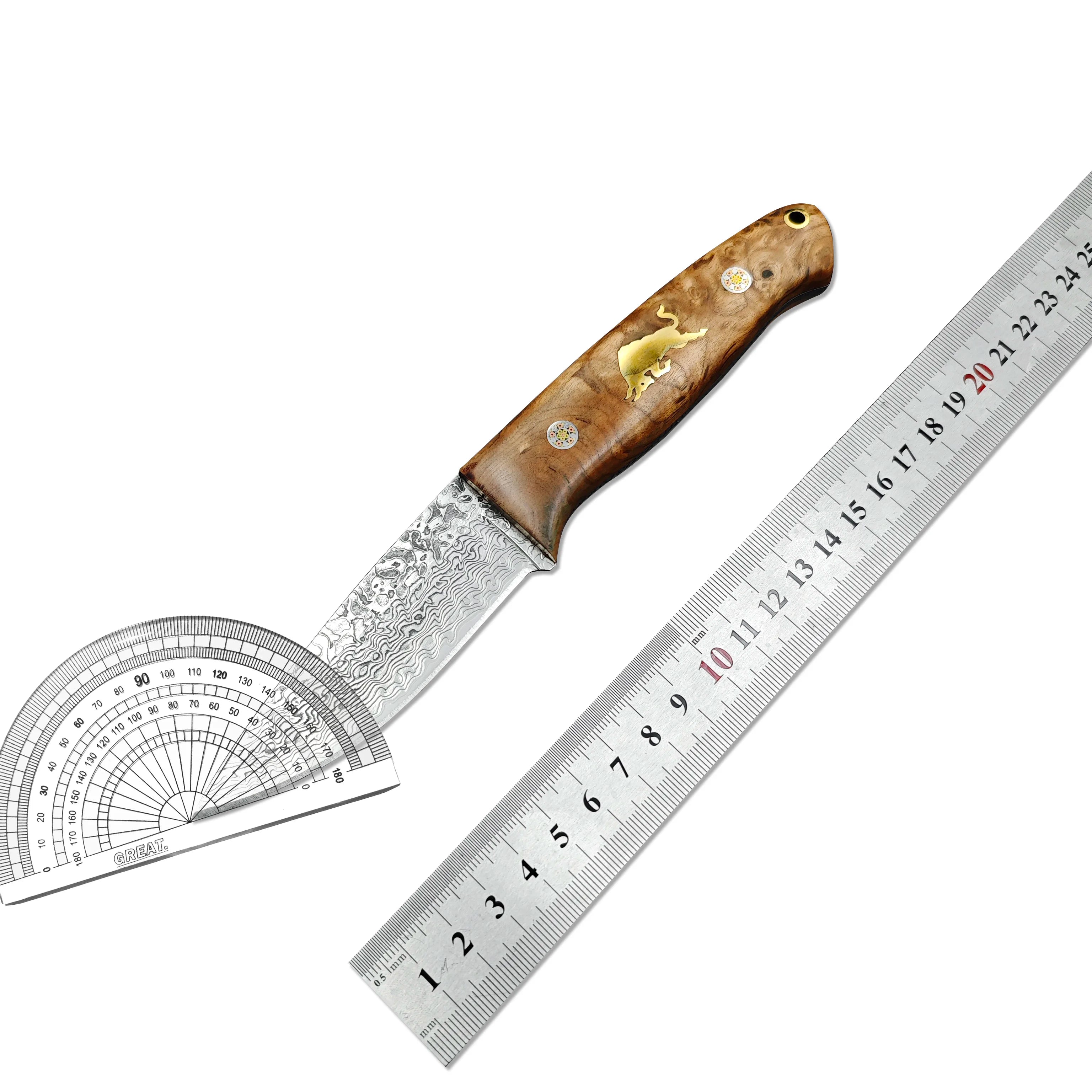 Damascus Steel Outdoor Camping Kitchen Utility Knife Hunting knife for cutting meat Fixed blade knife with stable wooden handle