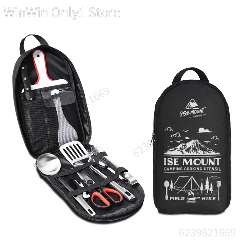 Portable Travel Utensils Set 9pcs Stainless Steel Camping Kitchen Cookware Set Kitchenware for Backpacking BBQ Camping Picnic
