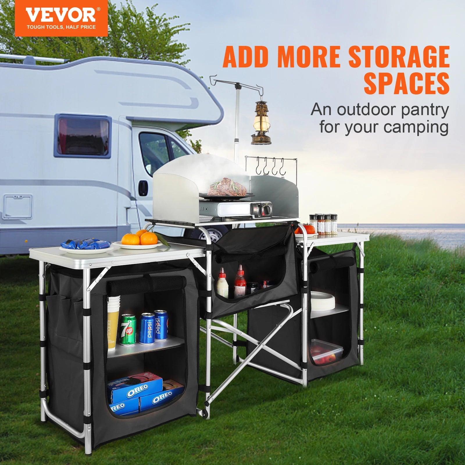 SucceBuy Camping Kitchen Table Cabinet Folding Cooking Storage Rack X-Shaped Aluminum Alloy Bracket for BBQ Picnic Garden Table
